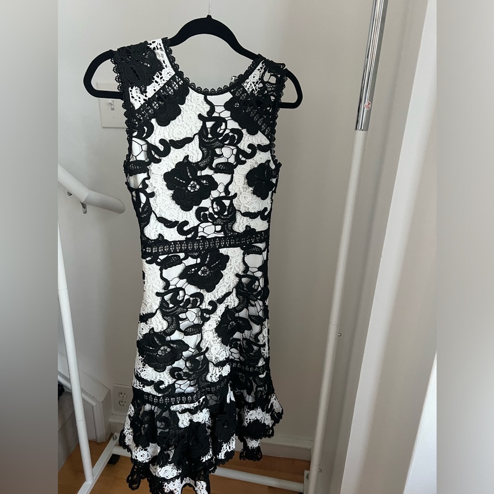 Black and White lace dress with ruffle at bottom.